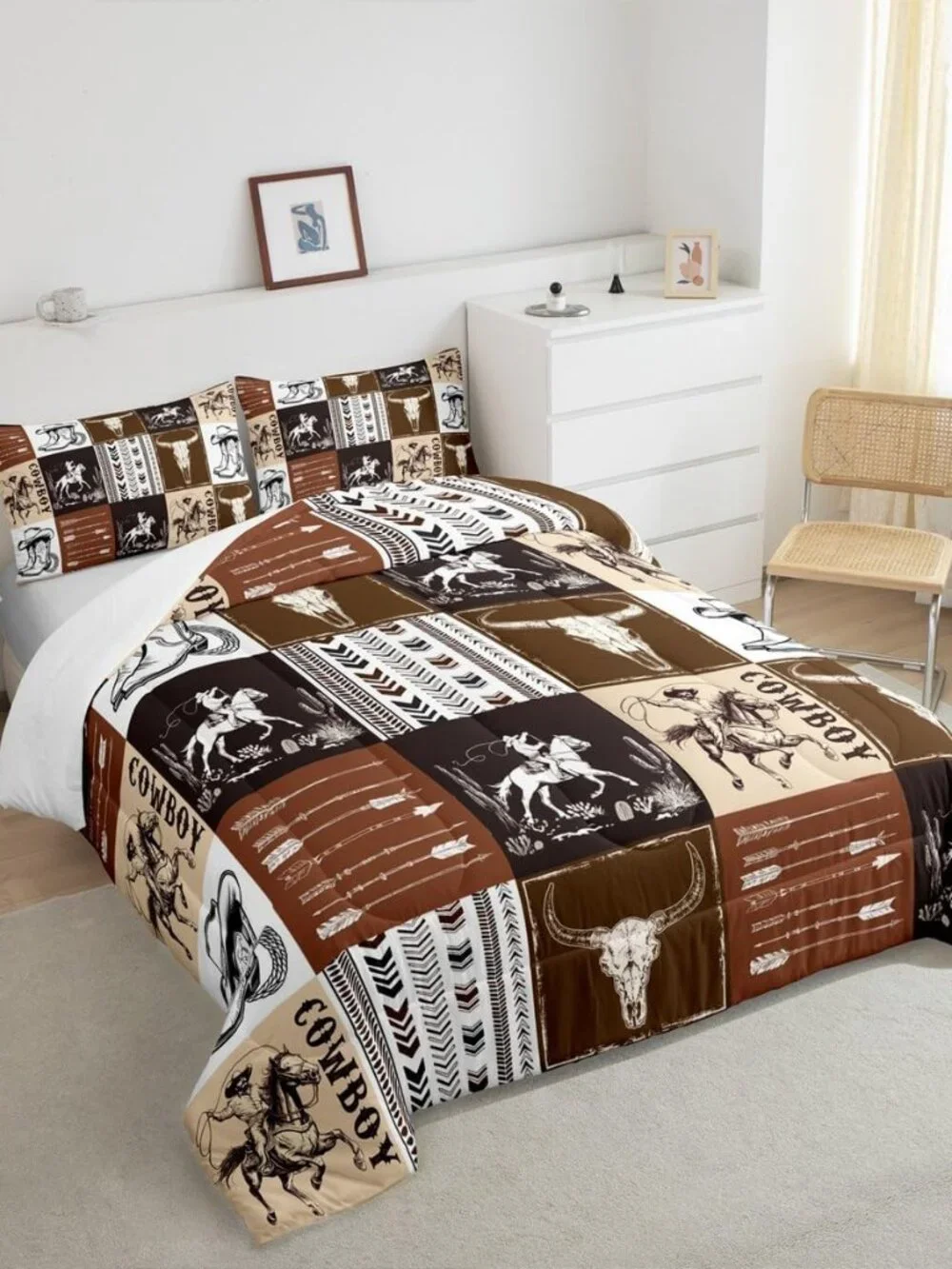Western Comforter Set Queen Size,Southwestern Aztec Country Horse Bedding Set 2p